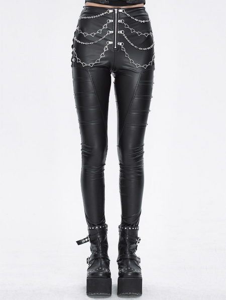 Black Gothic Punk Metal Layered Chain Skinny Pants for Women ...
