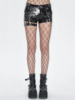 Black Gothic Punk Side Loop Faux Leather Hot Pants for Women