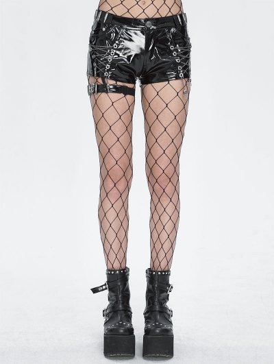 Black Gothic Punk Side Loop Faux Leather Hot Pants for Women