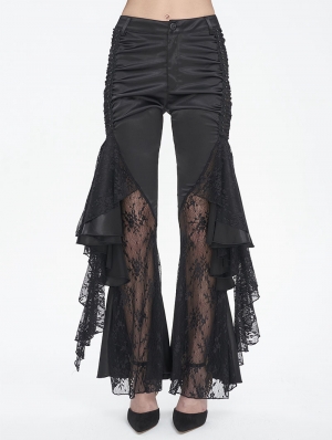 Black Gothic Vintage Ruffle Lace Spliced Flared Pants for Women