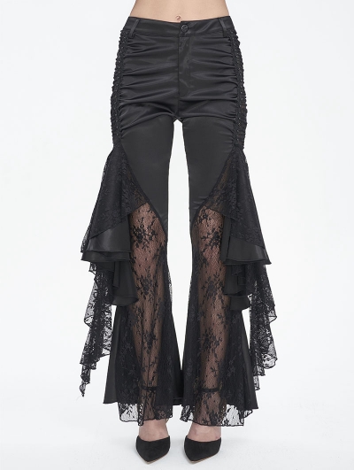 Black Gothic Vintage Ruffle Lace Spliced Flared Pants for Women