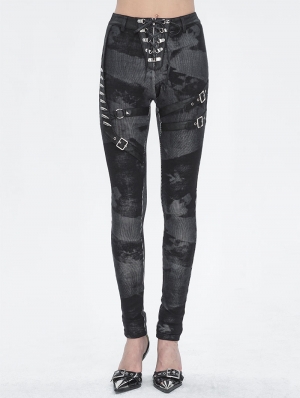 Grey Gothic Punk Metal Buckle Printed Leggings for Women