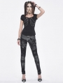 Grey Gothic Punk Metal Buckle Printed Leggings for Women