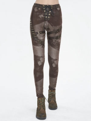 Brown Gothic Punk Metal Buckle Printed Leggings for Women