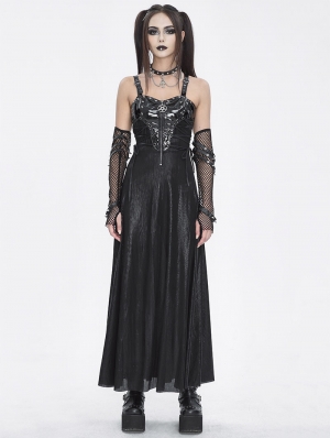 Black Gothic Punk Leather Spliced Slip Maxi Dress