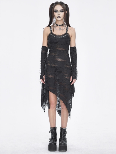 Black Gothic Punk Irregular Slip Dress with Detachable Sleeves