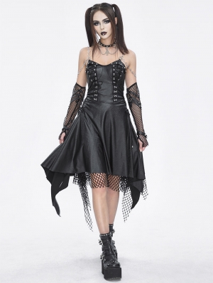 Black Gothic Punk Chain Strap Slip Irregular Dress