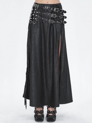 Black Gothic Punk Studded Leather Belt Long Sexy Slit Skirt