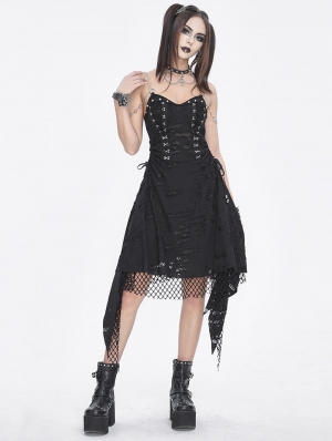 Black Gothic Ripped Irregular Chain Strap Slip Irregular Dress