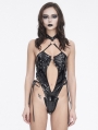 Black Gothic Hollow Out O-Ring PU Leather One-Piece Sexy Lingerie