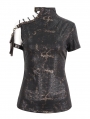 Brown Steampunk Gothic Asymmetric Shoulder Short Sleeve T-Shirt for Women