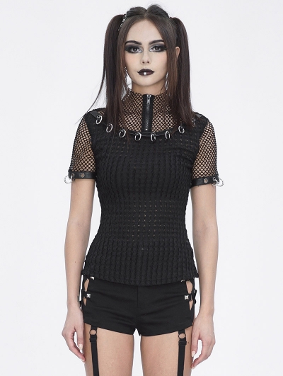 Black Gothic Punk O-Ring Decor Fishnet Short Sleeve T-Shirt for Women