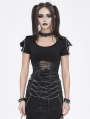 Black Gothic Punk Net Spliced Lace-Up Short Sleeve T-Shirt for Women