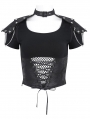 Black Gothic Punk Net Spliced Lace-Up Short Sleeve T-Shirt for Women