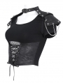 Black Gothic Punk Net Spliced Lace-Up Short Sleeve T-Shirt for Women