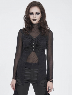 Black Gothic Long Irregular Trumpet Sleeve Mesh Top for Women