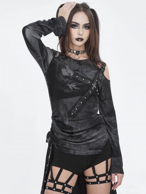 Black Gothic Punk Asymmetric Side Buckle Long Sleeve Top for Women