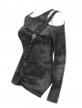 Black Gothic Punk Asymmetric Side Buckle Long Sleeve Top for Women