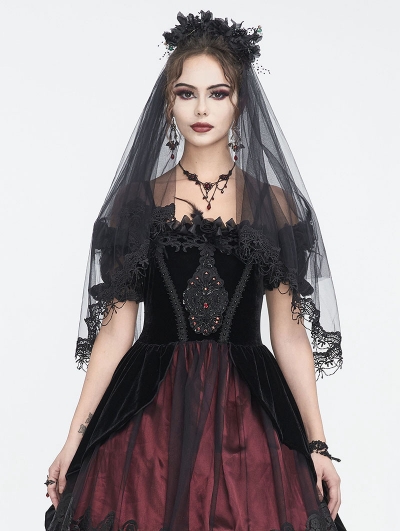 Black Gothic Flower Lace Trimmed Mesh Veil Headdress