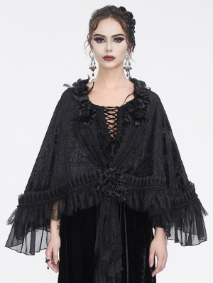 Black Gothic Elegant Flower Feather Lace Cape for Women