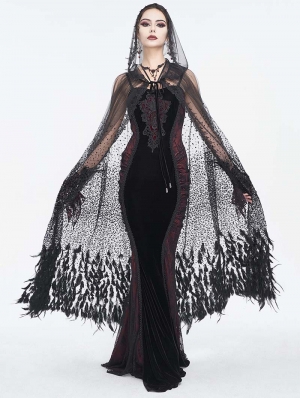 Black Gothic Sequin Feather Mesh Hooded Long Cloak for Women