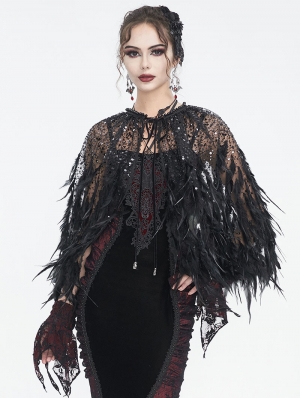 Black Gothic Sequin Beaded Short Feather Cape for Women