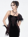 Wine Red Gothic Beaded Feather Lace Wrist Gloves for Women