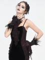 Wine Red Gothic Beaded Feather Lace Wrist Gloves for Women