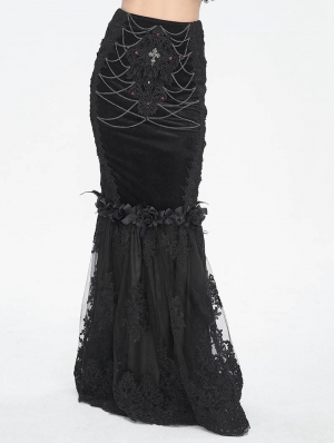 Black Gothic Vintage Velvet Lace Spliced Fishtail Maxi Skirt