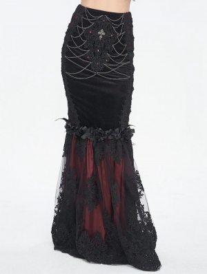 Black and Red Gothic Vintage Velvet Lace Spliced Fishtail Maxi Skirt