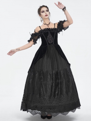 Black Gothic Victorian Off-the-Shoulder Velvet Lace Long Party Dress