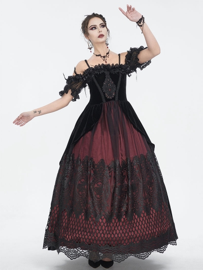 Black and Red Gothic Victorian Off-the-Shoulder Velvet Lace Long Party Dress