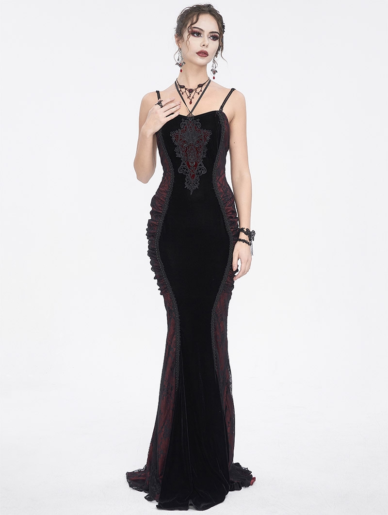 Black and Red Retro Gothic Velvet Lace Applique Sexy Maxi