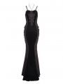 Black and Red Retro Gothic Velvet Lace Applique Sexy Maxi Slip Dress