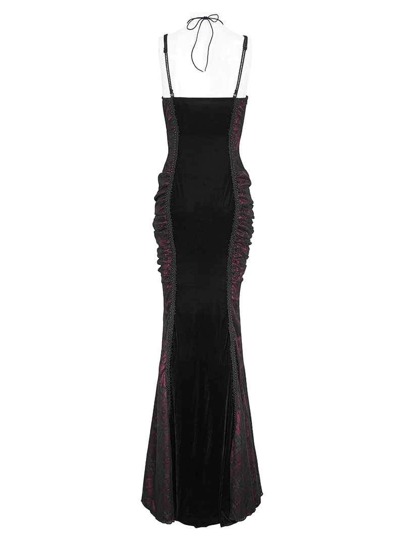 Black and Red Retro Gothic Velvet Lace Applique Sexy Maxi