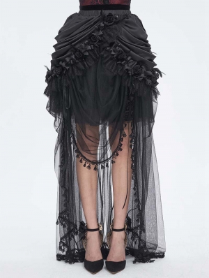 Black Gothic Flower Layered Mesh Spliced High-Low Skirt