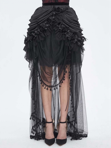 Black Gothic Flower Layered Mesh Spliced High Low Skirt Devilnight