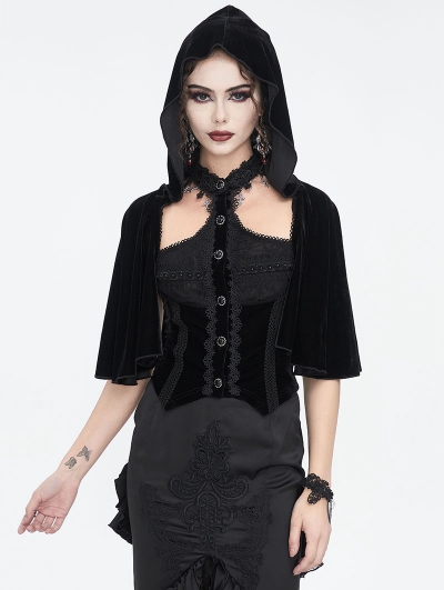 Black Gothic Vintage Fake 2-Pieces Velvet Lace Hooded Top for Women