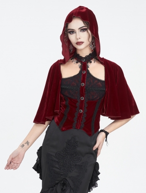 Wine Red Gothic Vintage Fake 2-Pieces Velvet Lace Hooded Top for Women