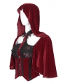 Wine Red Gothic Vintage Fake 2-Pieces Velvet Lace Hooded Top for Women