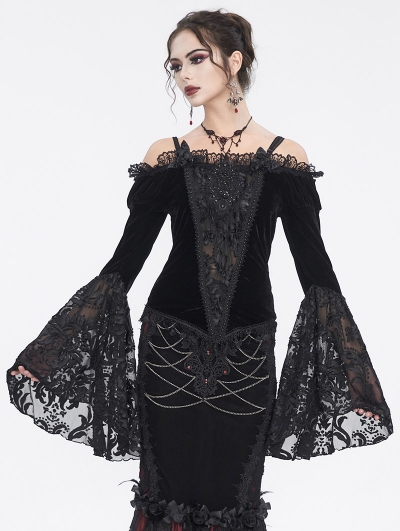 Black Vintage Gothic Velvet Lace Off-the-Shoulder Long Sleeve Shirt for Women