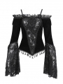 Black Vintage Gothic Velvet Lace Off-the-Shoulder Long Sleeve Shirt for Women