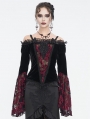 Black and Red Vintage Gothic Velvet Lace Off-the-Shoulder Long Sleeve Shirt for Women