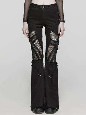 Black Gothic Punk Hollow Mesh Cross Frayed Pants for Women