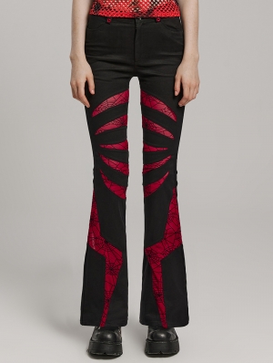 Black and Red Gothic Pointed Spider Web Flared Trousers for Women