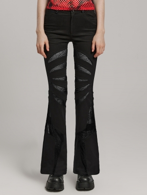 Black Gothic Pointed Spider Web Flared Trousers for Women