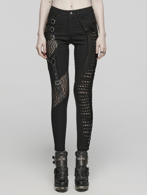 Black Gothic Punk Belt Asymmetric Long Fitted Pants for Women