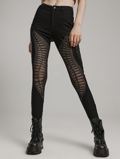 Black Gothic Punk Burnt Pattern Hollow Long Fitted Trousers for Women