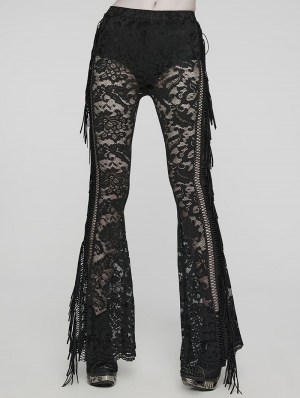 Black Sexy Gothic Floral Mesh Lace Flared Trousers for Women