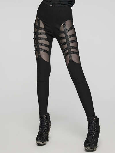 Black Sexy Gothic Punk Studded Mesh Hollow Leggings for Women